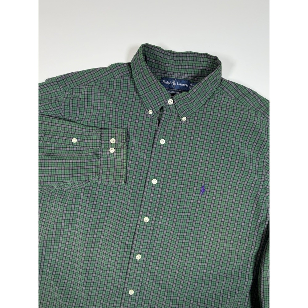 Vintage Ralph Lauren Mens 17.5 XL Tall Green Purple Check Button Up Shirt